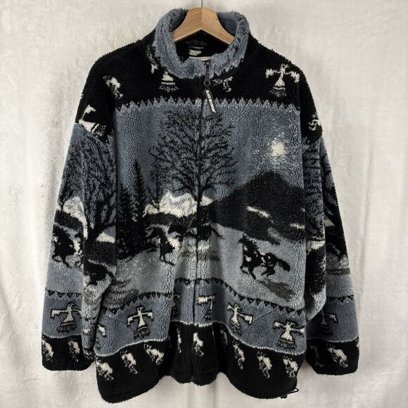 Vtg 90s Black Mountain Fleece Zip-up Wild Horses Kokopelli Thunderbird Mens XL - Picture 1 of 6
